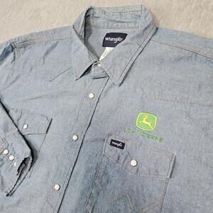 Wrangler Shirt Mens 3XB Blue Chambray John Deere Embroidered Pearl Snap